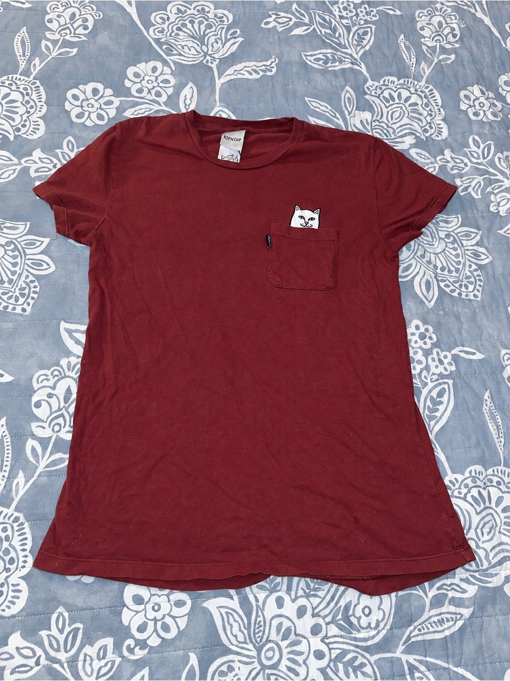 Ripndip Women's Short Sleeve Pocket Tee in Burgundy Red with Peekaboo Cat